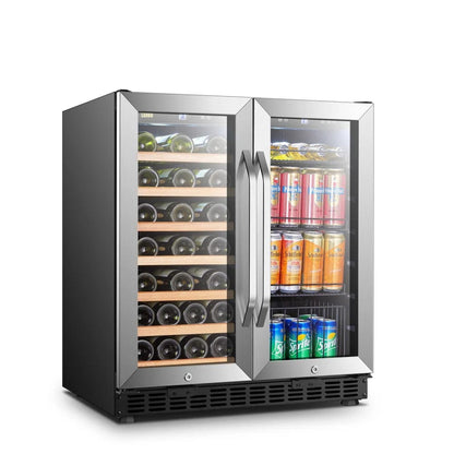 Lanbo Hybrid Wine Coolers Lanbo LW3370B 30-inch wide 33 Bottle/70 Can Dual Zone Dual Door Hybrid Wine- and Beverage Cooler