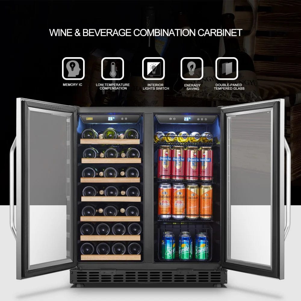 Lanbo Hybrid Wine Coolers Lanbo LW3370B 30-inch wide 33 Bottle/70 Can Dual Zone Dual Door Hybrid Wine- and Beverage Cooler